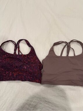 Two Lululemon Energy Longlined Bras - Floral Plum & Mauve Solid